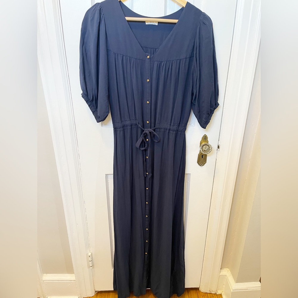 Ezra Navy Blue Maxi Dress with Copper Buttons Tie Cinched Waist Short Sleeve L